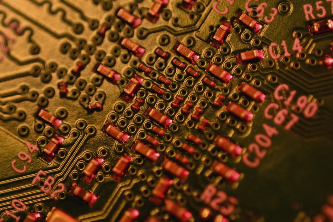 Close-up of a modern circuit board with glowing electronic components